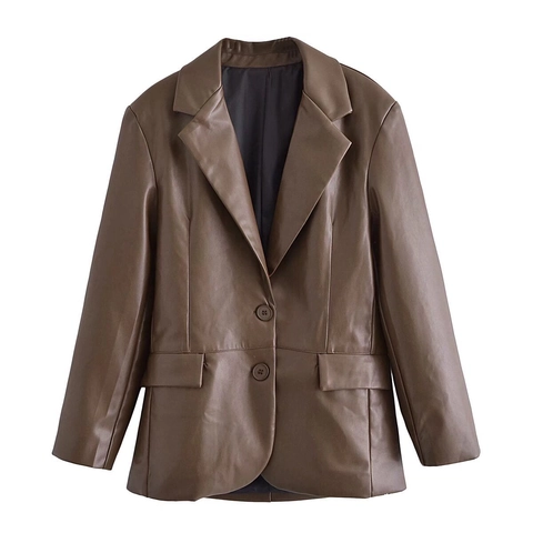 Women Faux Leather Blazer Vintage Chic PU Jacket Notch Lapel Single Breasted Flap Pocket Outerwear Solid Brown Coat Office