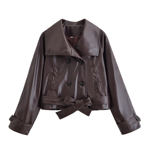 Dames Chic Donkerbruine Kunstleren Korte Trenchcoat Double Breasted Reverskraag PU Bikerjas Met Riem Bovenkleding
