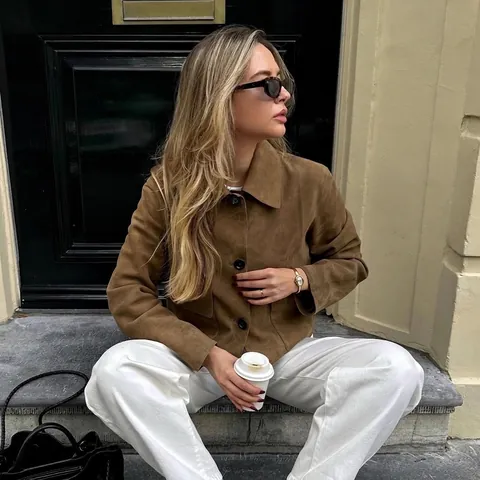 Damen Vintage Wildlederimitat Jacke Revers Langarm Einfarbig Knöpfe Utility Mantel Outerwear Mit Taschen