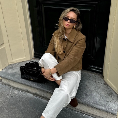 Damen Vintage Wildlederimitat Jacke Revers Langarm Einfarbig Knöpfe Utility Mantel Outerwear Mit Taschen