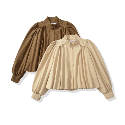 Chemisier Plissé à Col Montant Vintage pour Femmes Élégante Manche Lanterne Couleur Unie Chemise à Simple Boutonnage Haut Décontracté