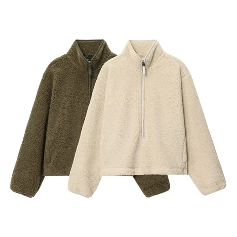 Sweat-shirt en Polaire Sherpa Décontracté pour Femmes Demi-fermeture Éclair Col Montant Manches Longues Pull Ample Chaud Hiver