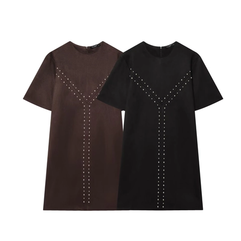 Dames Mode Imitatiesuède Jurk Korte Mouw Met Klinknagel Versiering Effen Kleur Ronde Hals Mini A-Lijn Party Jurk