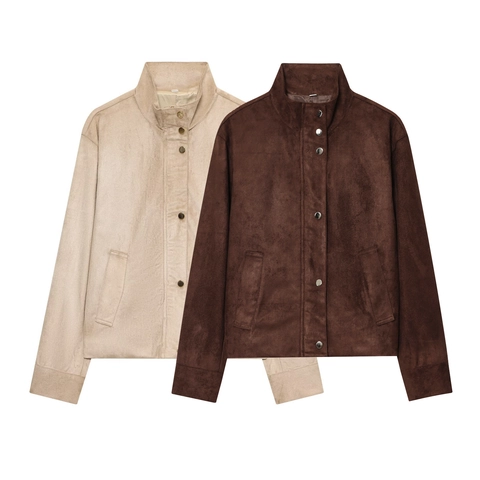 Giacca da Donna in Finta Pelle Scamosciata Tinta Unita Collo in Piedi Manica Lunga Cappotto Casual Beige Caffè