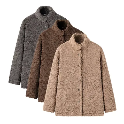 Damen Mode Stehkragen Lammwolle Jacke Einfarbig Einreihig Warm Langarm Locker Körniger Samt Mantel