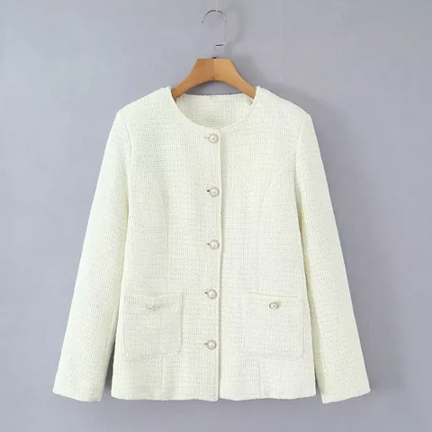 Damen Casual Elegante Tweed Wattierte Jacke Rundhals Künstliche Perlenknöpfe Langarm Baumwollmantel Winter Puffer Außenbekleidung Weiß