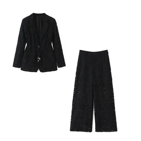 Blazer Et Pantalon En Dentelle Ajourée Pour Femmes Veste Élégante À Manches Longues Avec Ceinture Deux Tenues