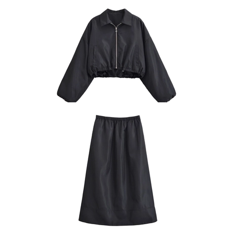 Completi Da Donna Con Giacca Corta Con Zip E Gonna Midi A Linea Tinta Unita Manica Lunga Capispalla Moda Streetwear