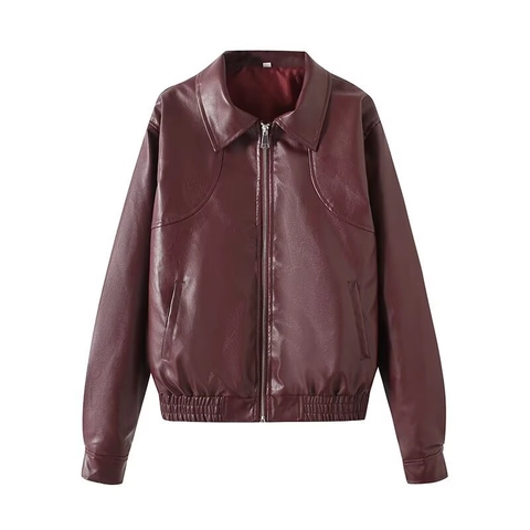 Dames Bourgondië PU Leer Jas Revers Rits Lange Mouw Baseball Stijl Bovenkleding Met Elastische Zoom Streetwear