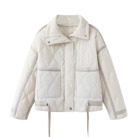 Giacca Imbottita Trapuntata a Onde da Donna Collo Alto Manica Lunga Vestibilità Larga Cappotto di Cotone Con Grandi Tasche Orlo Coulisse