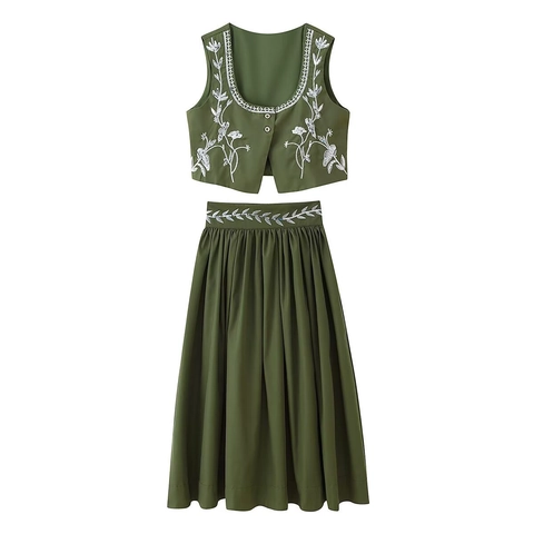 Damen Vintage Dunkelgrüne Weste Und Midirock Outfit Pailletten Botanische Stickerei Ärmellos Plissee Elegante Kleidung Für Party