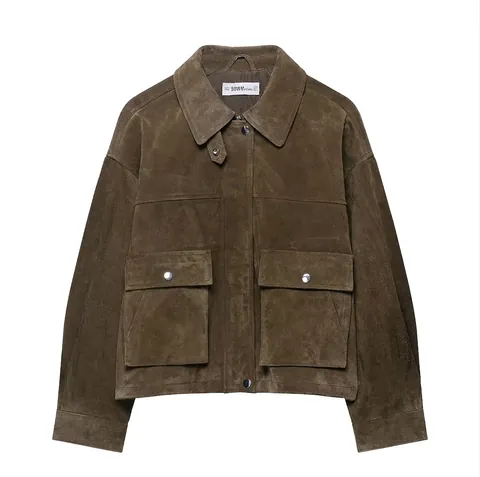 Chaqueta Casual de Ante Sintético para Mujer Solapa Manga Larga Suelta Abrigo Corto Streetwear Con Bolsillos Color Sólido Verde Oliva