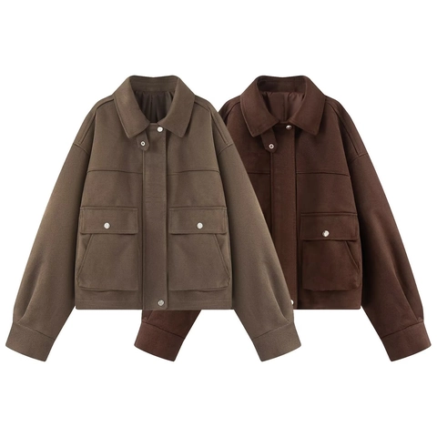 Giacca da Donna Retrò in Pelle Scamosciata Sintetica Cappotto Casual Largo con Revers Manica Lunga con Tasche Autunno Inverno