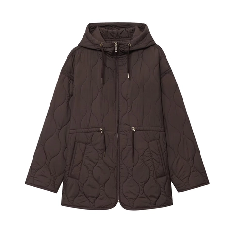 Veste Matelassée à Capuche pour Femme Taille à Cordon Motif Vagues Manteau Rembourré Mi-Long Élégant Manches Longues Décontracté