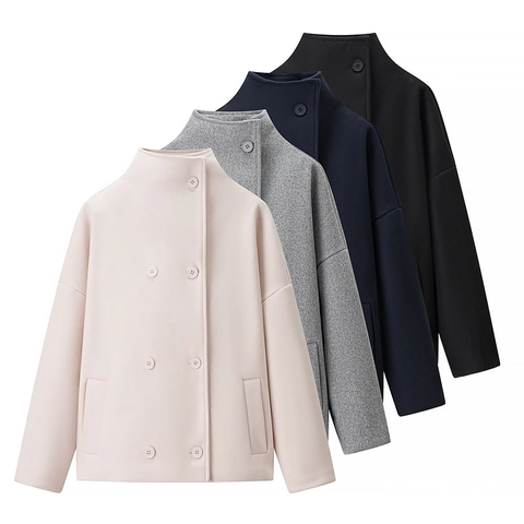 Dames Double-breasted Wollen Jas Opstaande Kraag Effen Kleur Lange Mouw Jas Herfst Winter Casual Bovenkleding Voor Dames