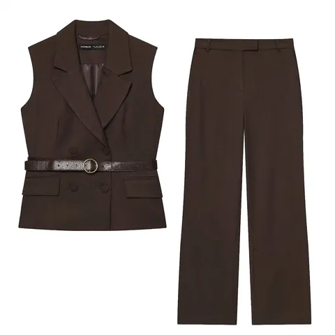 Dames Donkerbruin Double Breasted Pak Vest En Broek Met Brede Pijpen Set Met Riem Elegante Mouwloze Jas