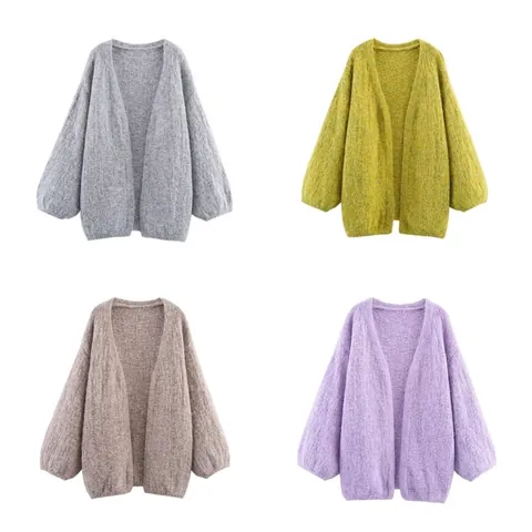 Women's Loose Knit Cardigan Mid-Length Open Front Sweater Coat Drop Shoulder Lantern Sleeve Soft Solid Color Streetwear