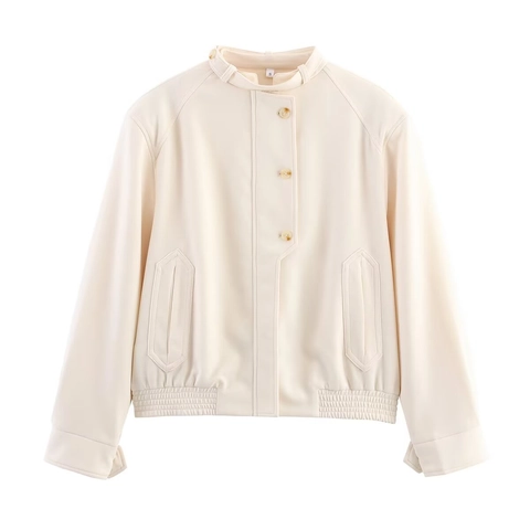 Women's Fashion Casual Beige Jacket Asymmetric Amber Button Stand Collar Loose Solid Color Coat Long Sleeve Outwear