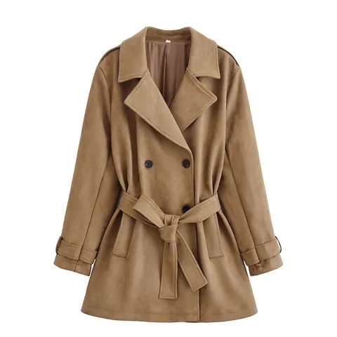 Dames Casual Double-Breasted Half-Lange Trenchcoat Khaki Suèdelook Polyester Jas Met Tailleband Jack
