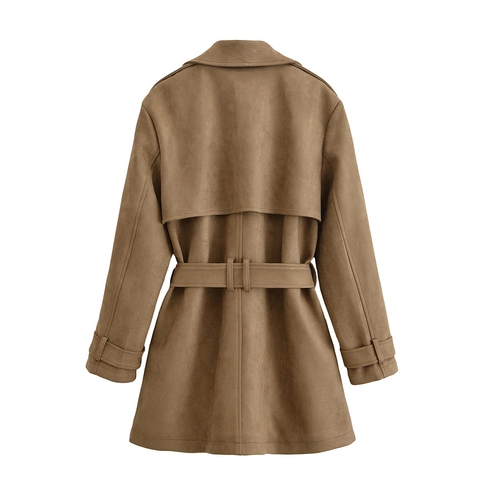 Dames Casual Double-Breasted Half-Lange Trenchcoat Khaki Suèdelook Polyester Jas Met Tailleband Jack