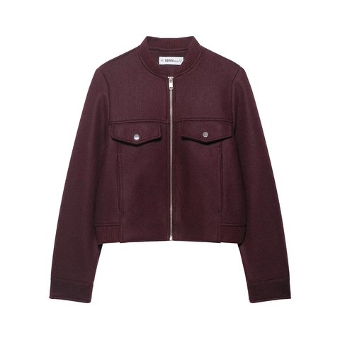 Dames Casual Kort Bomberjack Wijnrood Polyester Geweven Jas Met Rits En Zakken Lange Mouwen Bovenkleding Voor Dames