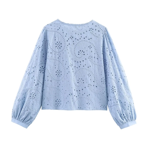 Women Elegant Blue Eyelet Embroidery Blouse Long Sleeve Ruffle Trim Button Down Round Neck Chic Cotton Blend Shirt Top