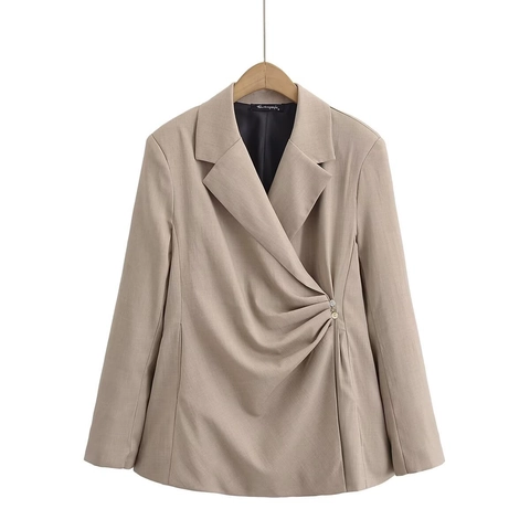 Chaqueta Americana Elegante Caqui Plisado Asimétrico Cuello Solapa Cintura Ajustada Casual Profesional Oficina Manga Larga