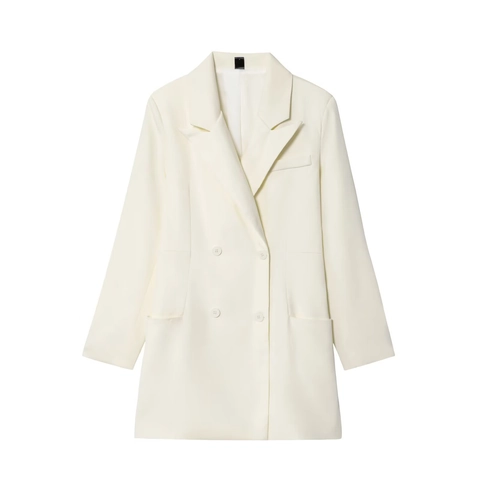 Dames Elegante Double Breasted Blazer Jas Lange Mouwen Reverskraag Kantoor Werk Casual Lange Lijn Bovenkleding Wit