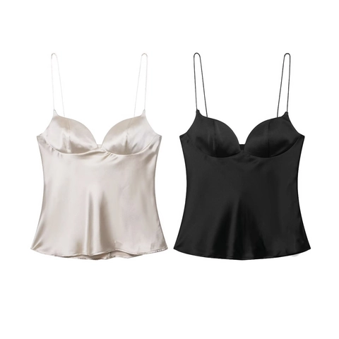 Damen Sexy Satin Unterhemd Top Spaghettiträger Bustier Herz Ausschnitt Ärmellos Rückenfrei Einfarbig Sommer Party Cami Top