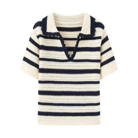 Women's Casual Striped Knitted Polo Shirt Short Sleeve V-Neck Hollow Out Crochet Sweater Top Summer Retro Knitwear