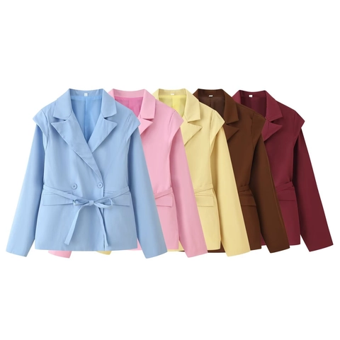 Dames Casual Blazer met Riem Lange Mouwen Effen Kleur Double-breasted Reverskraag Elegante Forens Stijl Pakjas Bovenkleding