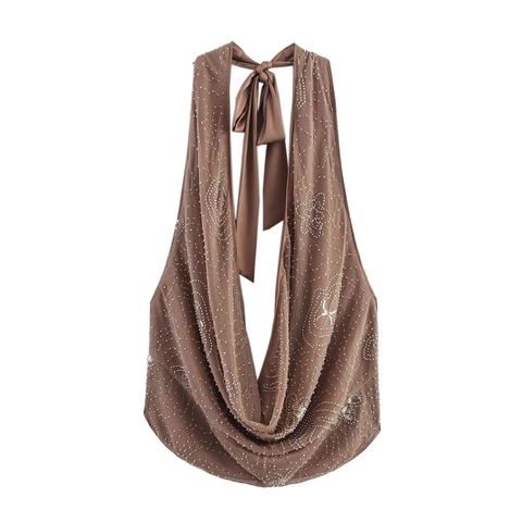 Top de Camiseta Halter Sexy con Cuello Cowl para Mujer con Lentejuelas Malla Espalda al Aire Cordones Abalorios Party Clubwear Crop Top
