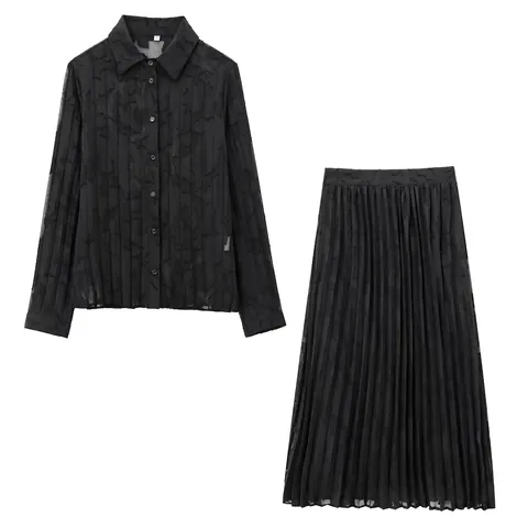 Camicia a Maniche Lunghe in Chiffon Devoré Nero da Donna E Set Gonna Midi a Pieghe Completo Due Pezzi Elegante Pendolare