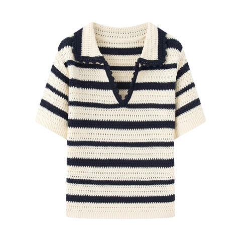 Women's Striped Polo Knit Top V-Neck Short Sleeve Crochet Hollow Out Contrast Striped Pullover Casual Vintage Sweater