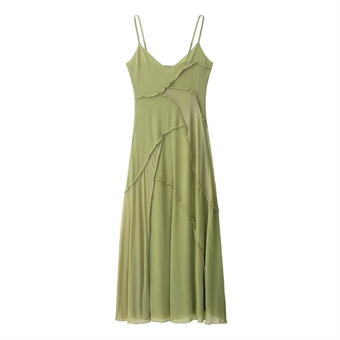 Abito Sottoveste Francese Minimalista Scollo a V Donna Balze Asimmetriche Pieghe Cuciture in Rete Abito Midi Verde Erba Spalline Regolabili