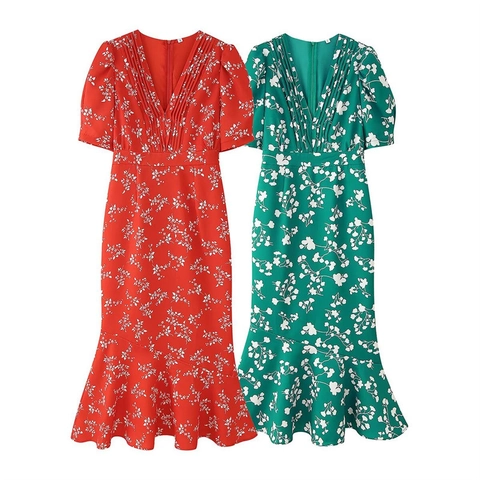 Women Sexy Floral V Neck Puff Sleeve Fishtail Midi Dress Elegant Pleated Short Sleeve Polyester Print Dress For Vacation