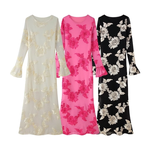 Dames Elegant Bloem Applicatie Klokmouwen Slim Fit Mesh Maxi Jurk Ronde Hals Bodycon Streetstyle Feestjurk