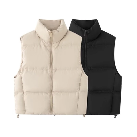 Women Casual Puffer Vest Stand Collar Zipper Padded Waistcoat Quilted Sleeveless Jacket Drawstring Hem Warm Outerwear