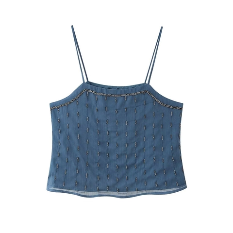 Top a Spalline Sexy da Donna con Schiena Scoperta e Decorazione di Perline Blu Notte Estivo Aderente per Feste