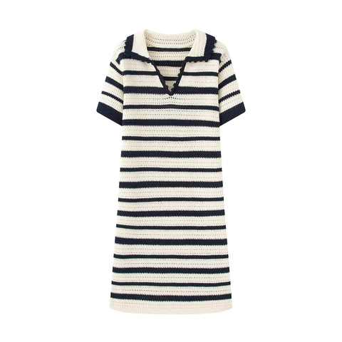 Vintage French Striped Knit Polo Dress Women Short Sleeve Scalloped Edge A-Line Knitted Mini Dress Navy Blue White