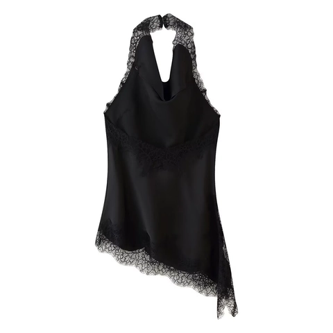 Top Allacciato Al Collo E Gonna Midi Donna Satin Poliestere Schiena Scoperta Asimmetrico Pizzo Elegante Streetwear