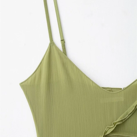 Abito Sottoveste Francese Minimalista Scollo a V Donna Balze Asimmetriche Pieghe Cuciture in Rete Abito Midi Verde Erba Spalline Regolabili