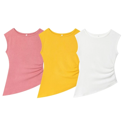 Canotta da Donna Casual Senza Maniche in Maglia a Costine Con Lato Increspato Orlo Asimmetrico Slim Fit Estate Tinta Unita