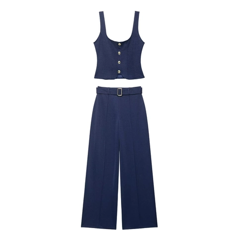 Dames Marineblauw Mouwloos Vest Top En Wijde Pijpen Broek Outfits Vierkante Hals Gouden Knoppen Decoratieve Riem Casual Geweven Pak