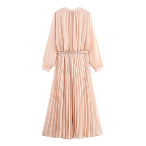 Women Elegant Pleated Chiffon Long Sleeve Midi Dress With Belt Round Neck Solid Color Fashion Casual Party Long Dresses