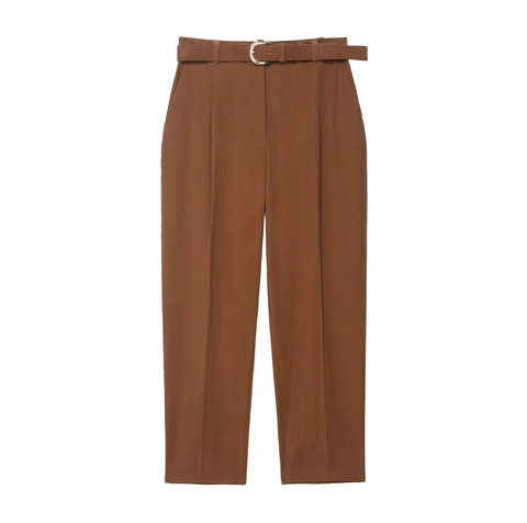 Damen Casual Hoch taillierte Hose Mit Gürtel Lockere Gerade Bein Fallende Hose Büro Sommer Mode Braune Hose