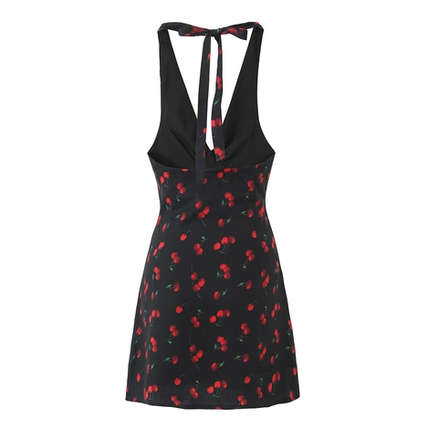 Women Sexy Halter Mini Dress Cherry Print Open Back V Neck Sleeveless Bodycon Short Dress Summer Vacation Beach Outfits