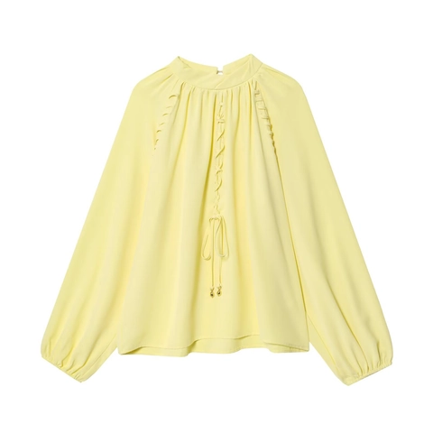 Elegant Women Lantern Sleeve Pleated Blouse With Mock Neck And Tie Detail Solid Color Loose Fit Casual Office Shirt Top