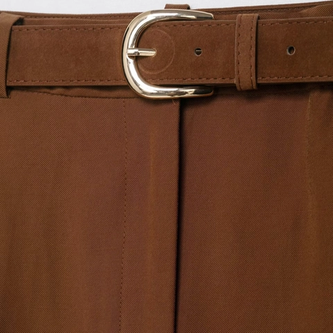 Damen Casual Hoch taillierte Hose Mit Gürtel Lockere Gerade Bein Fallende Hose Büro Sommer Mode Braune Hose