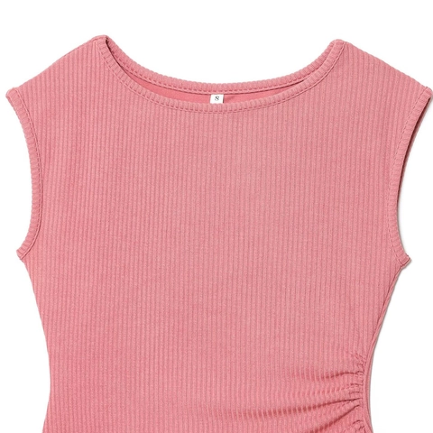 Canotta da Donna Casual Senza Maniche in Maglia a Costine Con Lato Increspato Orlo Asimmetrico Slim Fit Estate Tinta Unita